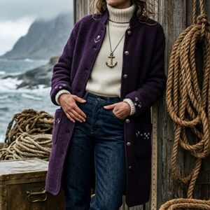 Lindor 100% Wool Long Cardigan Coat Purple Embroidered Size L Jacket Boiled Wool